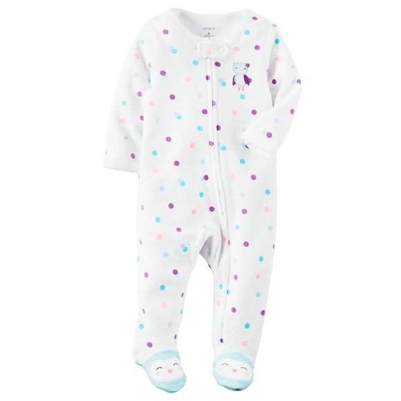 White Polka Dot Footed Fleece Pajamas with Owl - Picture 1 of 7